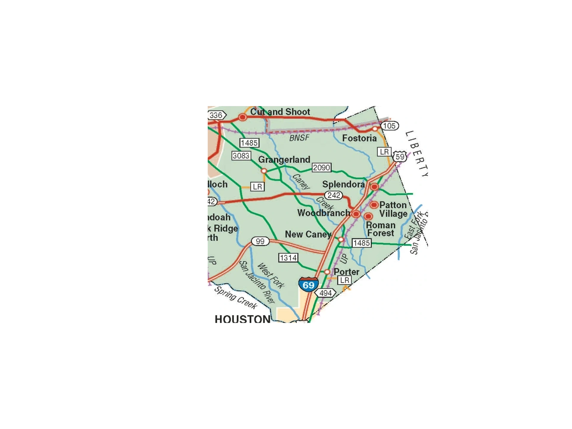 Service area map showing Porter, New Caney, Splendora and surrounding areas